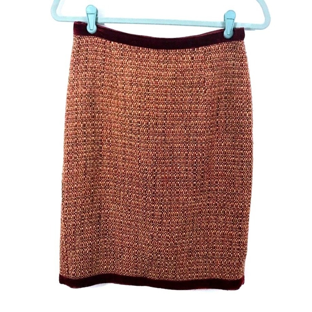 THE LIMITED Skirt Women 6 Orange Tweed Pencil Red Velvet Trim Back Zip